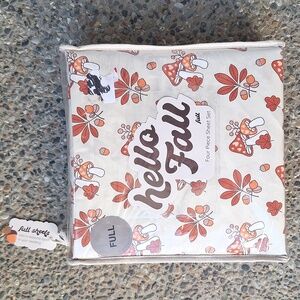 NWT Hello Fall Groovy Mushroom Acorn Leaf Print Full Size 4 Piece Sheet Set
